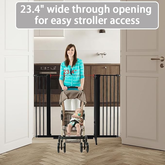 40.55" Tall 1.37" Ultra Narrow Spacing Dogs Pets Baby Gate with Door for Doorway Cat Safety Proof Indoor 57.68-73.43" Extra Wide Puppy Pressure Mounted No Drill White Black Metal Hallway