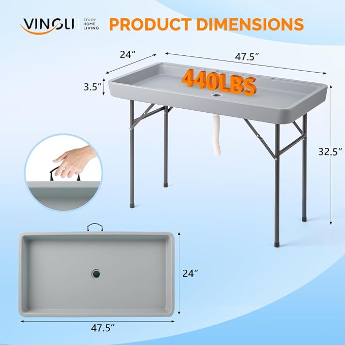 VINGLI 46" Extra LargeFolding Party Ice Cooler, Portable Tailgate Camp Fishing Cleaning Table, Plastic with Matching Skirt, Ice Table for Party, BBQ, Camping, Picnic (Grey)