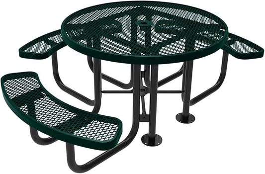 COATEDOUTDOORFURNITURE Heavy-Duty Portable Outdoor Picnic Table with Umbrella Hole, Expanded Metal Patio Dining Furniture Made in America (46" Round Top, Dark Green)