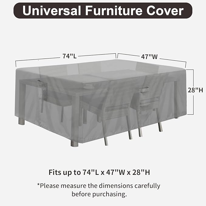 PureFit Patio Furniture Covers, Outdoor Table Furniture Cover Waterproof Rectangle, Patio Sectional Couch Set Cover for Deck, Lawn and Backyard, UV Resistant, 74"L x 47"W x 28"H, Gray