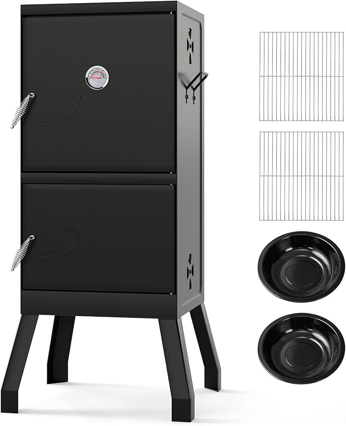 Happygrill Charcoal Grills, 40" Vertical BBQ Smoker Grill with Built-in Thermometer, Adjustable Air Dampers, Removable Water Pan & Grill Grates for Backyard Picnics, Party, Outdoor Camping
