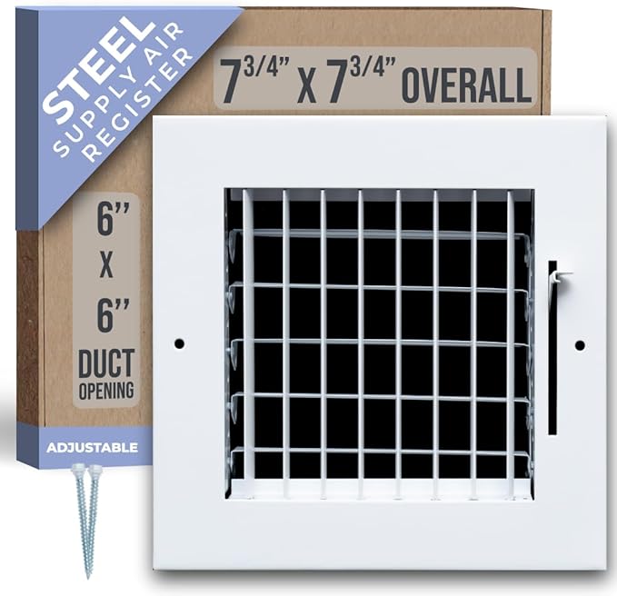 Fits 6x6 Duct Opening Steel Adjustable Air Supply Grille by Handua | Register Vent Cover Grill for Sidewall and Ceiling | White | Outer Dimensions: 7.75" X 7.75"
