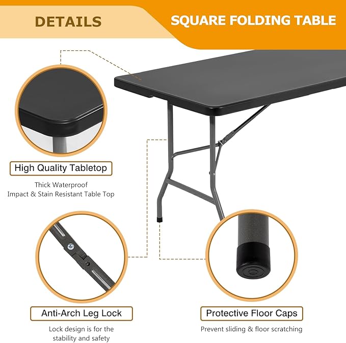 FDW 8FT Folding Table Half Portable Foldable Table Picnic Table for Office Home Camping Party (Black, 8 FT)