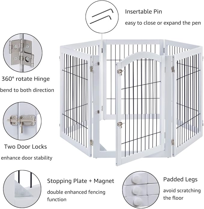 unipaws 144" Extra Wide Dog Gate and Pet Playpen, Free Standing Tall Dog Fence with Walk Through Door, Barriers for Home, Use as Indoor Dogs Cats Pen, Rabbit Pen, White