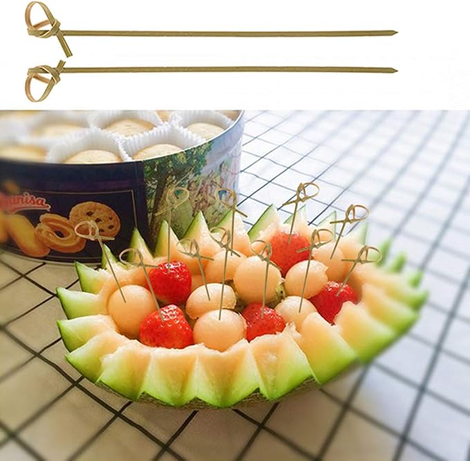 DC-BEAUTIFUL 200 Pack Natural Bamboo Knot Skewers, 6 Inch Bamboo Twisted End Cocktail Picks, Appetizer Picks for Party Snacks Club Sandwiches Finger Food Barbecue Must (6.0”)