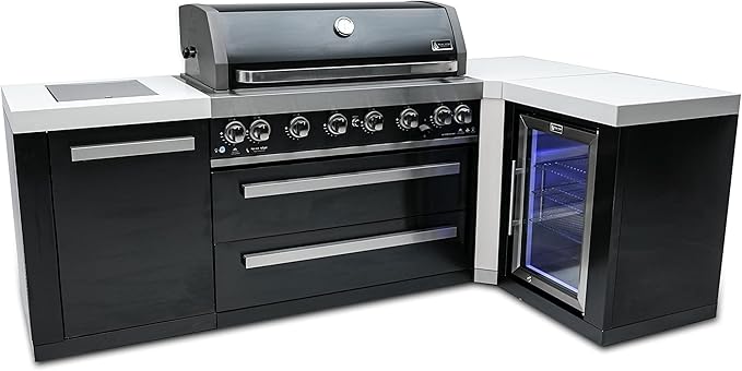 Mont Alpi MAi805-BSS90FC Black Stainless Steel 90 Degree Corner Gas Outdoor Kitchen Bar Island Grill w/Wine Cooler Beverage Center Refrigerator + Infrared Side & Rear Burners + Granite Countertop
