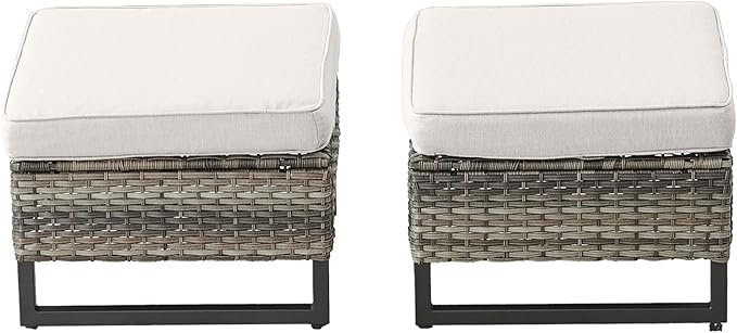 HUMMUH Outdoor Ottomans for Patio Set of 2 PE Wicker Outdoor Footstool with Removable Weather-Resistant Cushions for Patio, Backyard