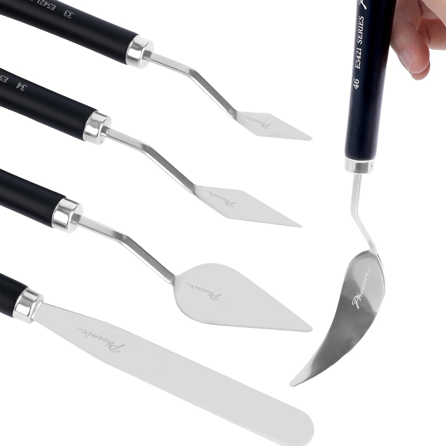 PHOENIX High Flexible Palette Knife Set, 5 Pieces Stainless Steel Painting Knives (33,34,45,46,52) Art Knife with Wood Handle, Paint Spatula for Oil Acrylic Paint - Painting Tools for Artists