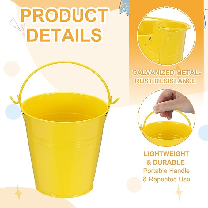 Small Metal Buckets, Mini Buckets with Handle Galvanized Colored Tin Pail Containers Basket Party Supplies - Fit for (Halloween - Classroom Crafts) 4" & 10Pcs & Yellow