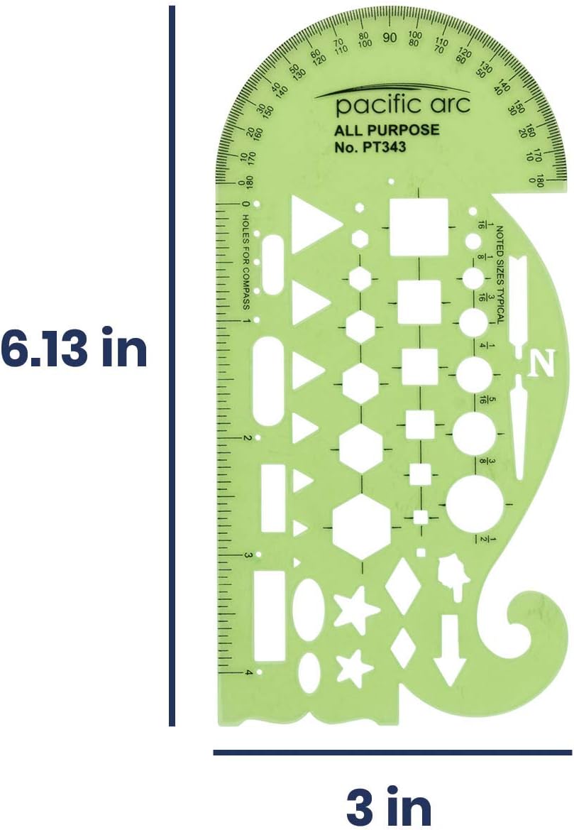 Pacific Arc All Purpose Template Guide, Featuring A Protractor, 4 Inch Ruler, French Curves, and Standard Shapes