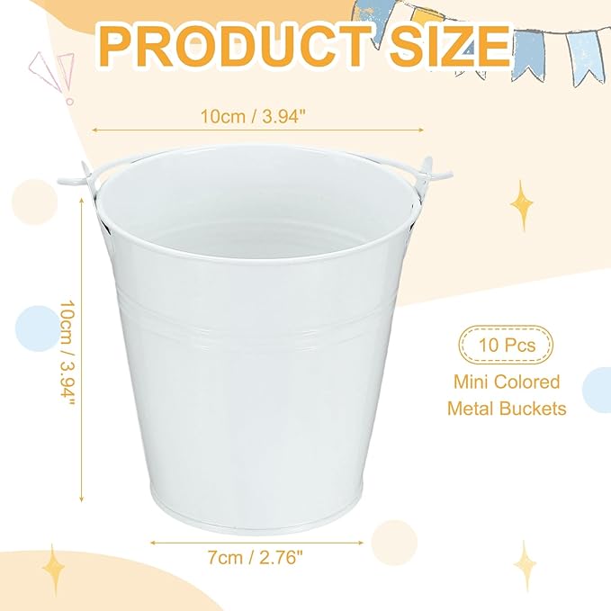 Small Metal Buckets, Mini Buckets with Handle Galvanized Colored Tin Pail Containers Basket Party Supplies - Fit for (Halloween - Classroom Crafts) 4" & 10Pcs & White