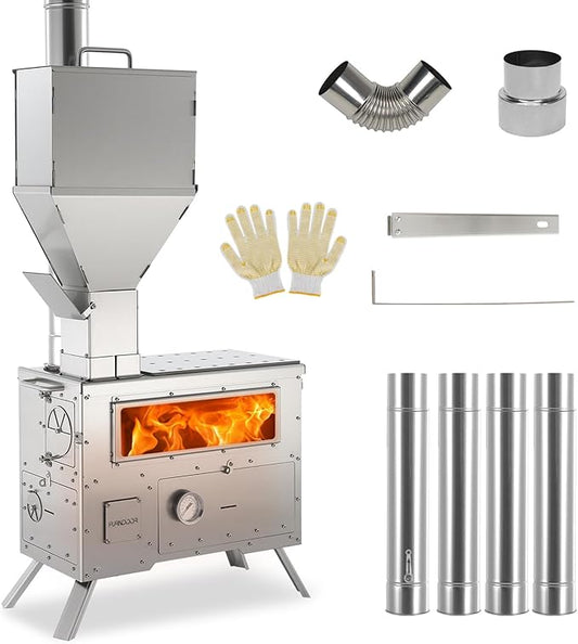 Wood Burning Stove with Oven - Portable Pellet Stove with Chimney Pipes, 304 Stainless Steel Outdoor Hot Tent Camping Stove for Winter, Hunting, Cooking, Hiking,Compatible with Wood/Pellets