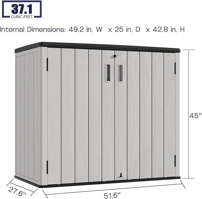 KINYING Outdoor Horizontal Storage Sheds,37 Cu.ft Outdoor Storage Cabinet Waterproof Resin Tool Storage Box for Lawn Mower,Garden Tools and Patio Furniture, Lockable (Grey)