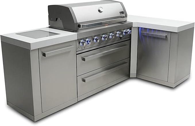 Mont Alpi MAi805-90 44-inch 6-Burner 115000 BTU 90 Degree Corner Stainless Steel Gas Outdoor Kitchen Bar Barbecue Island Grill + Infrared Side & Rear Burners + Granite Countertops + Storage Drawers