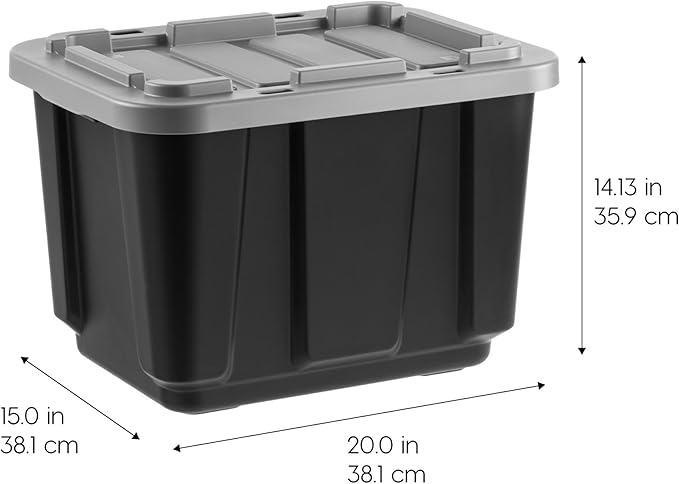 IRIS USA 4-Pack 12 Gallon Storage Bins with Lids |Made in USA| Heavy Duty Plastic Tote Containers for Truckbed Tool Box Organization, Large - Gray