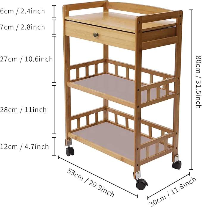 Bamboo Serving Cart with Drawer and Fence Rail, Kitchen Storage Organizer Trolley with Silent Wheels for Home Dining Room and Outdoor Use Natural Finish 53x30x80 cm Ideal for Families and Entertainers