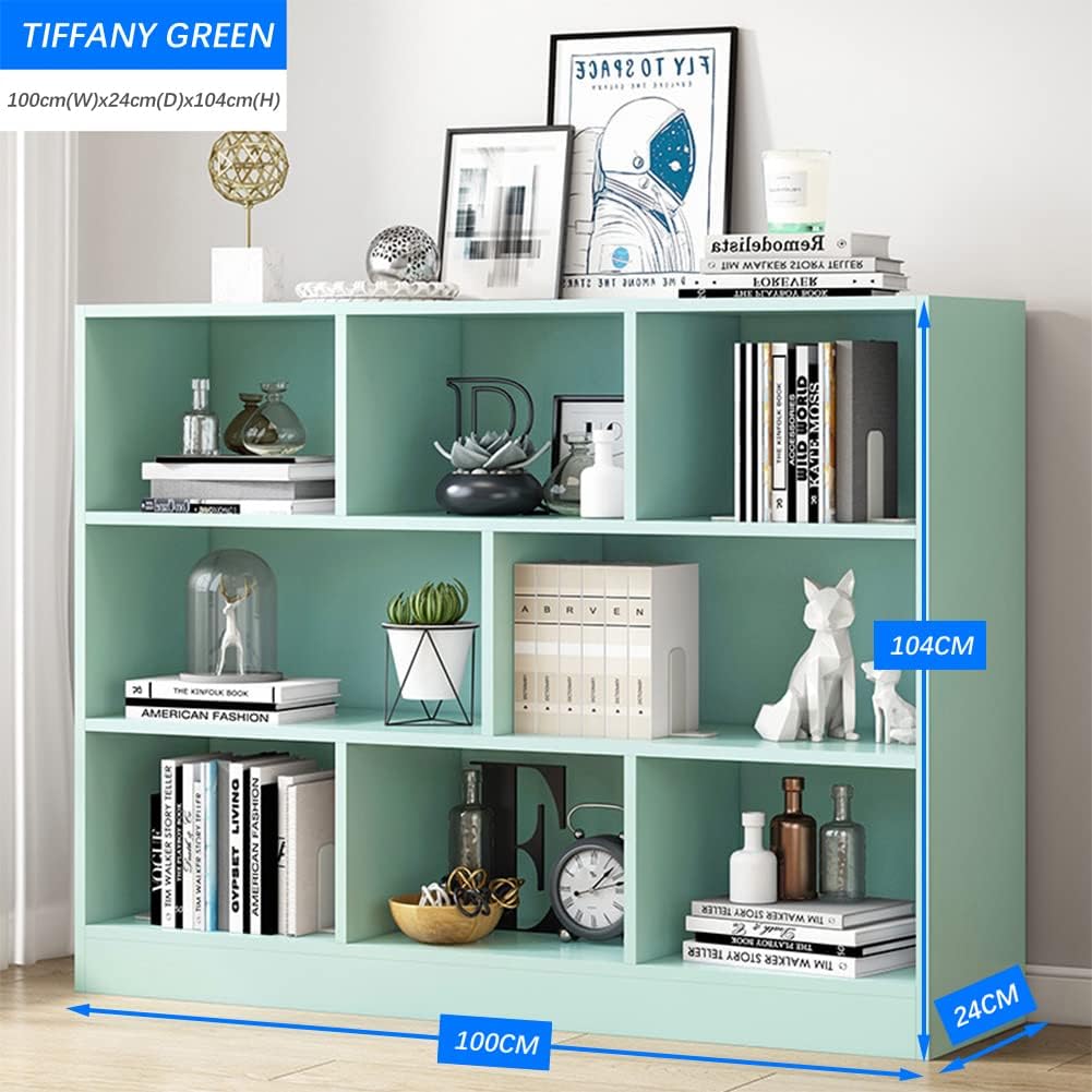 IOTXY Open Shelf Low Bookcase - Wooden 3-Tier Floor Standing Display Cabinet Organizer with Base, 8 Cubes Short Horizontal Bookshelf in Tiffany-Green