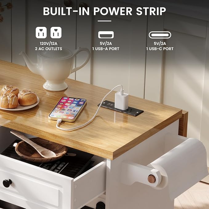 COCO DESIGN Rolling Kitchen Island Cart with Wheels, 54" Portable Trolley Island with Drop Leaf Countertop, Sliding Barn Door, Power Outlet, Spice Rack, Towel Rack and Drawers, Minimalist White