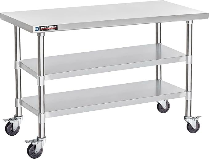 DuraSteel Stainless Steel Work Table 30" x 60" x 34" Height w/ 4 Caster Wheels - Food Prep Commercial Grade Worktable - NSF Certified - Good for Restaurant, Business, Warehouse, Home, Kitchen, Garage