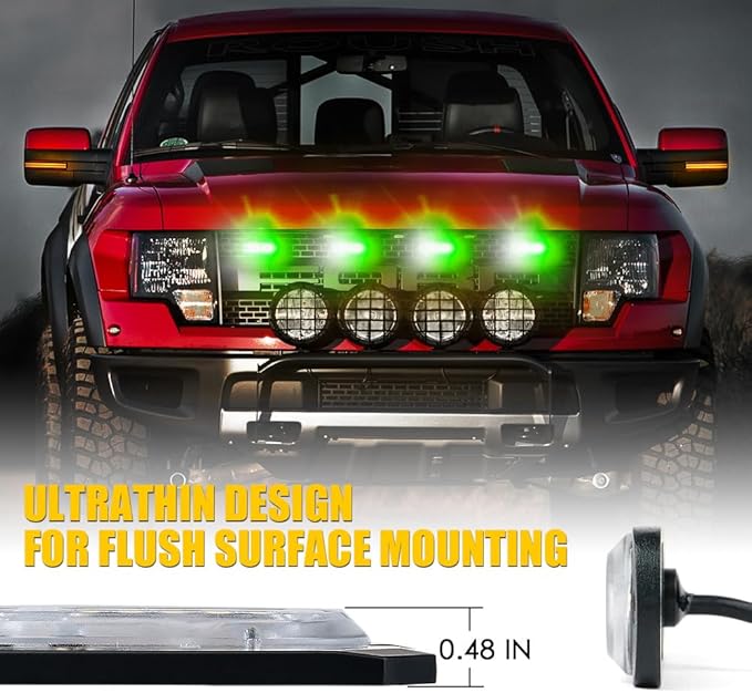 Xprite White Green LED Surface Mount Strobe Lights Kit, w/Control Panel Emergency Safety Warning Flashing Grille Cop Marker Light Assembly for Vehicles Trucks ATV UTV Motorcycle 4PCS