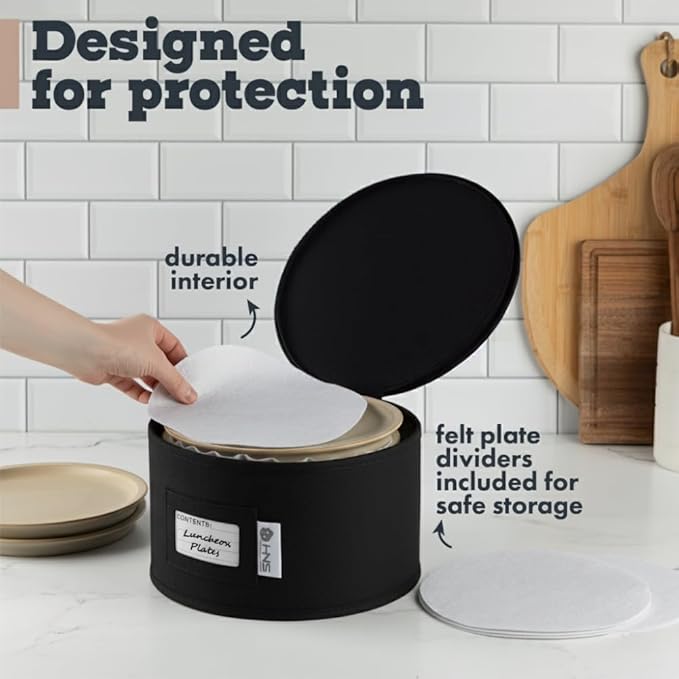 China Storage Hard Shell Containers 5-Piece Set Moving Boxes for Dinnerware, Glasses, Plates, Mugs and Saucers Sturdy Dish Organizer with Dividers for Seasonal Storage - Service for 12 - Black Quilted