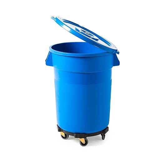 PRO&Family Commercial Round Trash Can with Lid and Dolly Rolling Waste Container, Ingredient Bin, Heavy-Duty Plastic, Anti-Static, Kitchen, Office, Outdoor Use (Blue, 32 Gallon)
