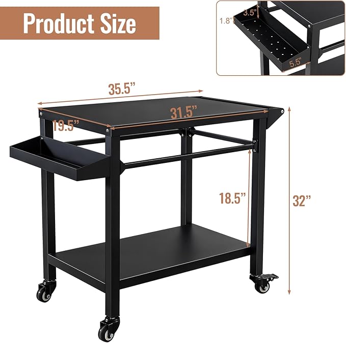 Outdoor Grill Cart Stand Table Pizza Oven with Lockable Wheels, Heavy Duty Movable Kitchen Cooking Prep Station BBQ Cart for Outside Patio, Backyard, Camping and Parties