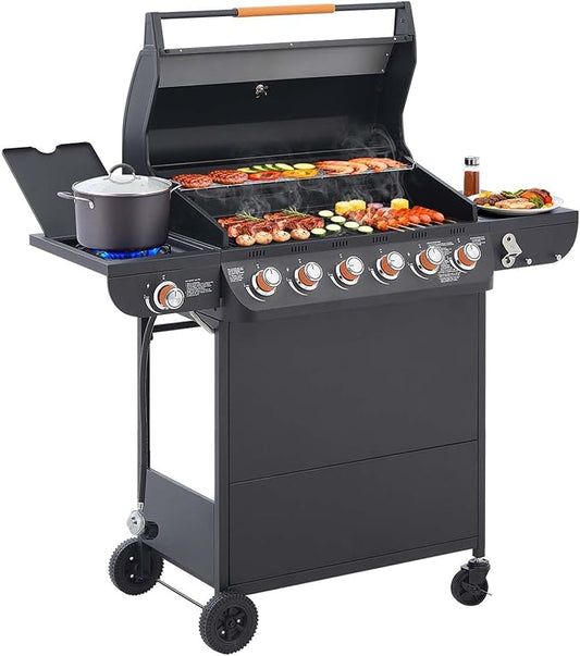 Unovivy Large 6-Burner Propane Gas Grill with Side Burner & Porcelain-Enameled Cast Iron Grates, BBQ Grills with Built-in Thermometer, 72,000 BTU Barbecue Grill, Oil Tray, Outdoor Patio Garden