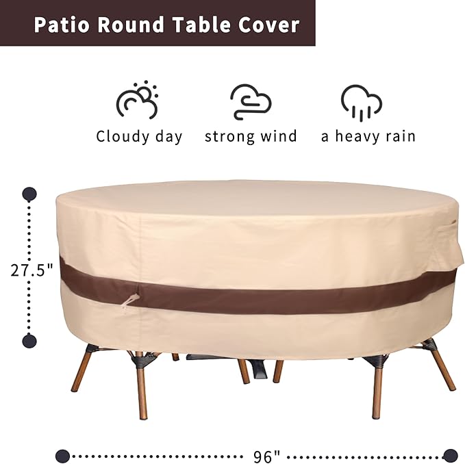 Round Patio Furniture Cover, Heavy Duty and Waterproof for Outdoor Furniture covers, Round outdoor table cover, Patio table cover 96"DIA x 27.5"H Beige