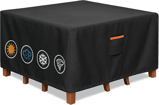 Outdoor Waterproof Furniture Cover, 62W x 62L x 28H inches Heavy Duty 600D Square Table and Chair Set Protection, Black