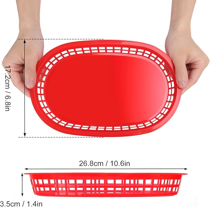 60 Pack Fast Food Baskets, 10.6 x6. 7 Inch Versatile Red Plastic Food Baskets, Food Service Tray for Burgers, Fries, Sandwiches, Hot Dogs, Barbecues, Picnics, Parties, Durable and Safe