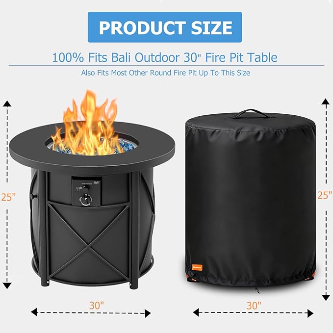 Fire Pit Cover for Bali Outdoors 30 x 25 Inch Propane Fire Pit,Outdoor Heavy Duty 600D 100% Waterproof Fire Pit Cover Round,Weatherproof Firepit Covers Round 30" Dia x 25" H,Black