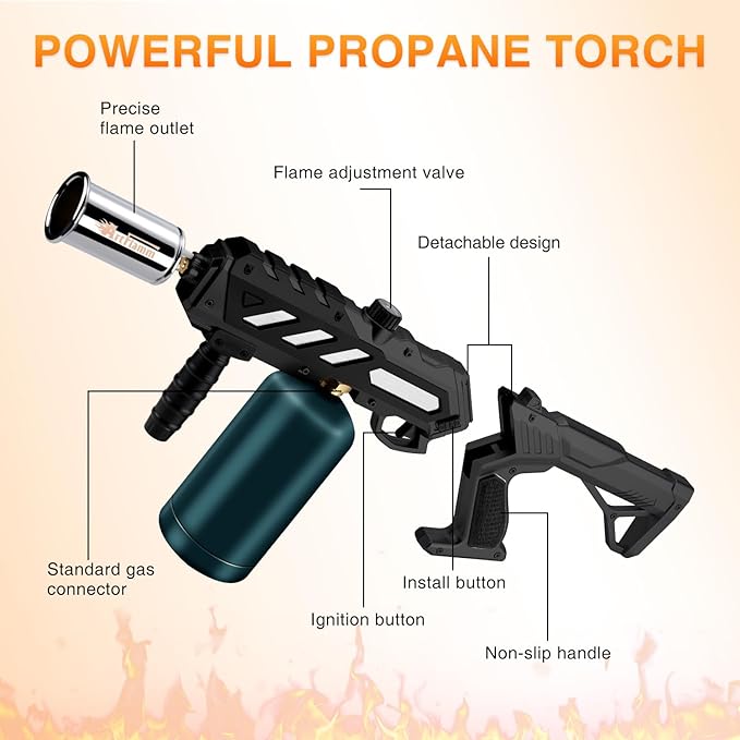Powerful Propane Torch Gun, Kitchen Grill Torch with Detachable Design, Adjustable Flamethrower Torch Burner for Searing Steak, BBQ, Welding, Camping Charcoal Lighter(Tank Not Included)