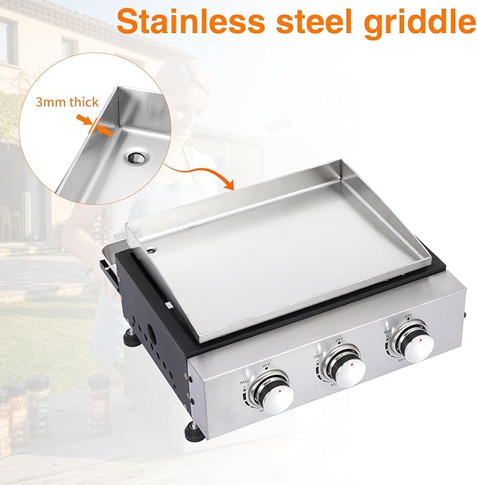 Portable Tabletop Gas Griddle Grill with Stainless Steel Griddle, Includes Dust Cover & Regulator, Perfect for Camping & Tailgating (3-Burner)