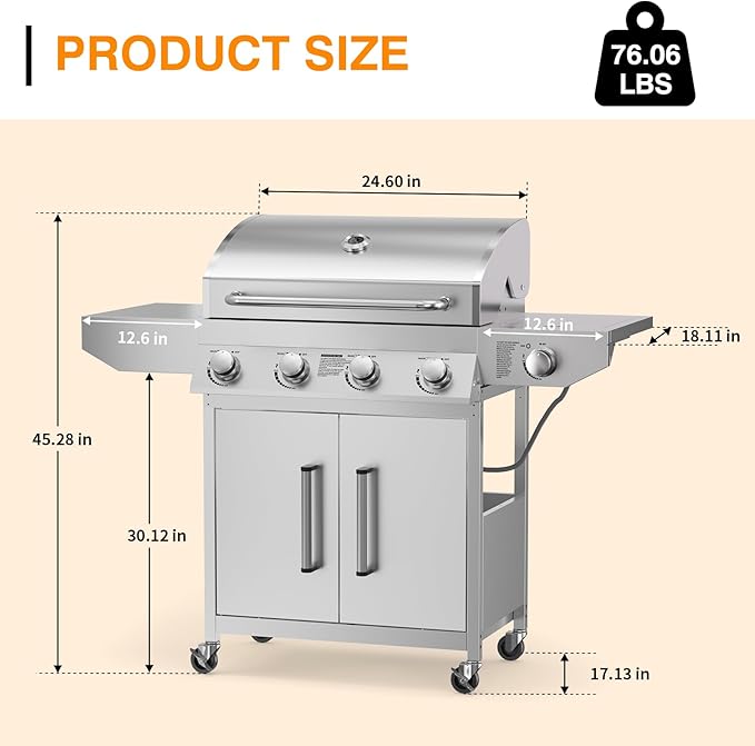 4 Burner Propane Gas Grill with Side Burner, Stainless Steel Gas Grill with Built-in thermometer & Enameled Cast Iron Grates, 58,000 BTUs Output for Outdoor Cooking and Patio Backyard Barbecue