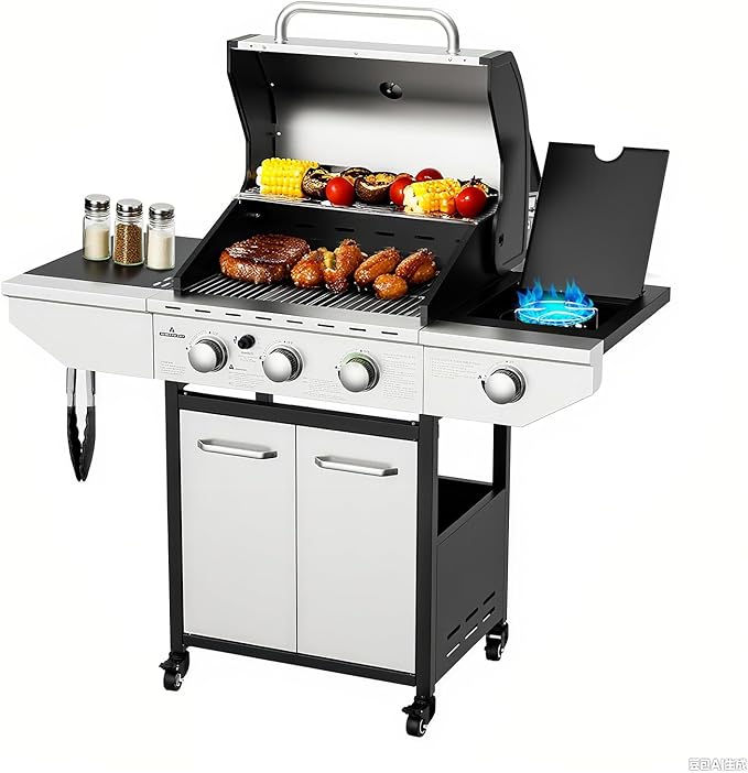 3-Burner Propane Gas BBQ Grill with Side Burner, 40,000 BTU Stainless Steel Propane Grill with Wheels and Storage,Outdoor Cooking Grill for Barbecue, Patio and Camping