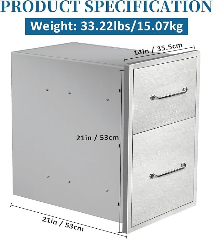 Outdoor Kitchen Drawers 14"Wx21"Hx21"D Flush Mount Access 2-Drawer BBQ Stainless Steel Drawers with Handle for Outdoor Kitchen Island or Grill Station