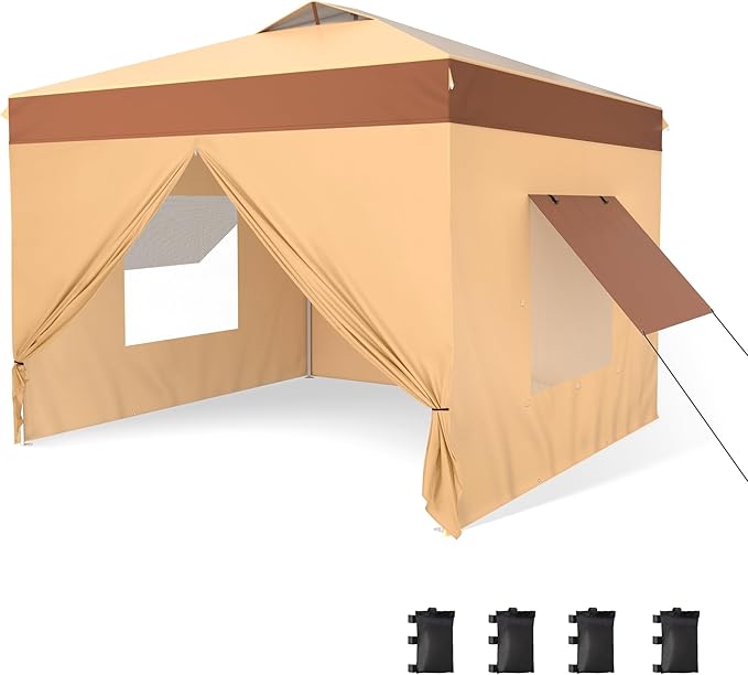 PHI VILLA 10x10 Pop Up Canopy Tent with Sidewalls - Easy Up Tent with Mesh Windows for Ventilation, Waterproof Design - Ideal for Parties, Beach, and Outdoor Events (Beige)