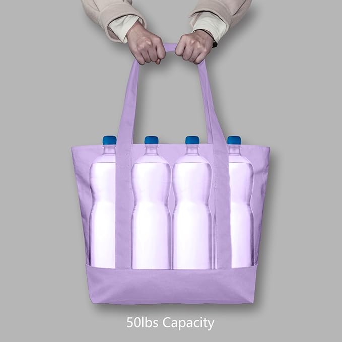 TOPDesign 6-Pack Canvas Tote Bags with an External Pocket, Reusable Grocery Shopping Bags, Top Zipper Closure, Daily Essentials (Lavender)