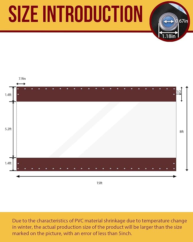 FoundGo 8'Hx15'W Vinyl Curtains for Patio,19oz Outdoor Clear Vinyl Patio Enclosure,Heavy Duty Clear Tarps Waterproof Vinyl Tarp with Grommets for Pergola, Porch,Gazebos,Balcony,-4℉ Cold Resistant