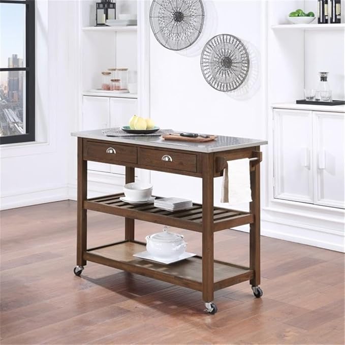 BOWERY HILL Modern Wood/Stainless Steel Kitchen Cart in Chestnut Wire-Brush
