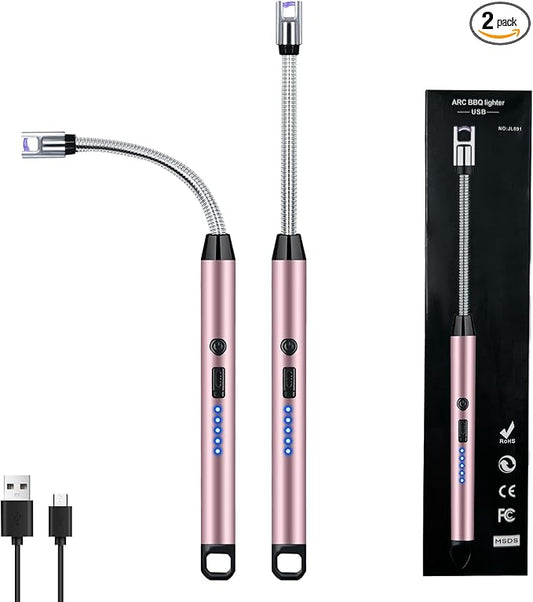 2 PCS Candle Lighter, Electric Lighter Arc Windproof Flameless with 360° Flexible Neck & LED Power Display, Lighters for Candle for BBQ, Grill, Camping, Fireplace, Stove(Pink)