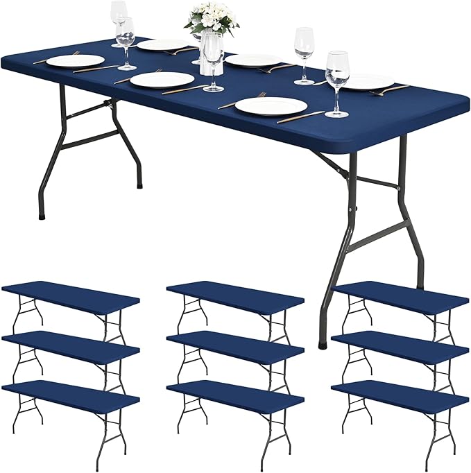 10 Pack Stretch Fabric Table Top Cap Cover, fits 8Ft Tables, Spandex Table Covers Washable Elastic Universal Rectangle Tablecloth Protector for Outdoor Party Picnic Wedding, Navy Blue, 30" W x 96" L