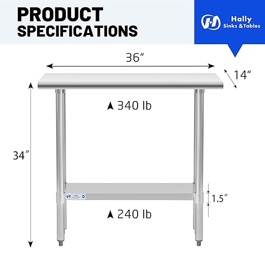 Hally Stainless Steel Table for Prep & Work 14 x 36 Inches, NSF Commercial Heavy Duty Table with Undershelf and Galvanized Legs for Restaurant, Home and Hotel