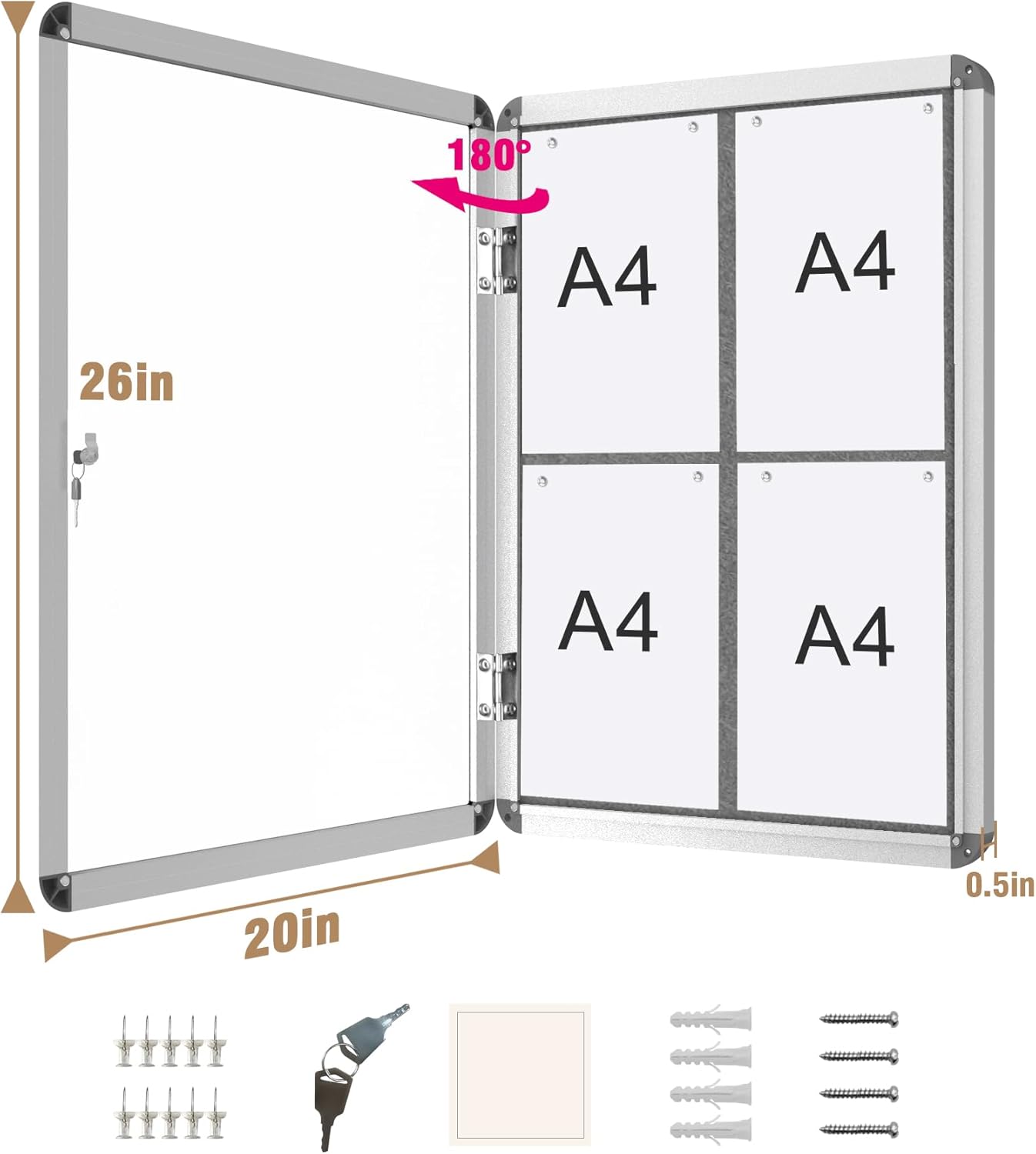 26"x20" Enclosed Bulletin Board, Lockable Weather-Resistant Aluminum Cork Noticeboard for School & Office, Silver Frame w/Grey Flet