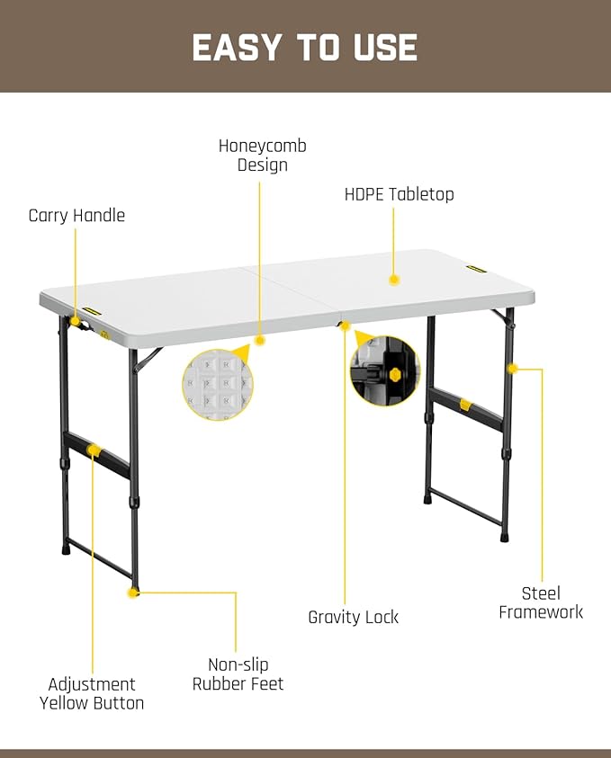 FanttikOutdoor 4ft Portable Folding Table, One-Handed Height Adjustment, 4 Heights, Gravity Lock, Carry Handle, Indoor Outdoor Heavy Duty Fold-in-Half Utility Table, Party, 1 Pack, Grey Zeta X4 Pro