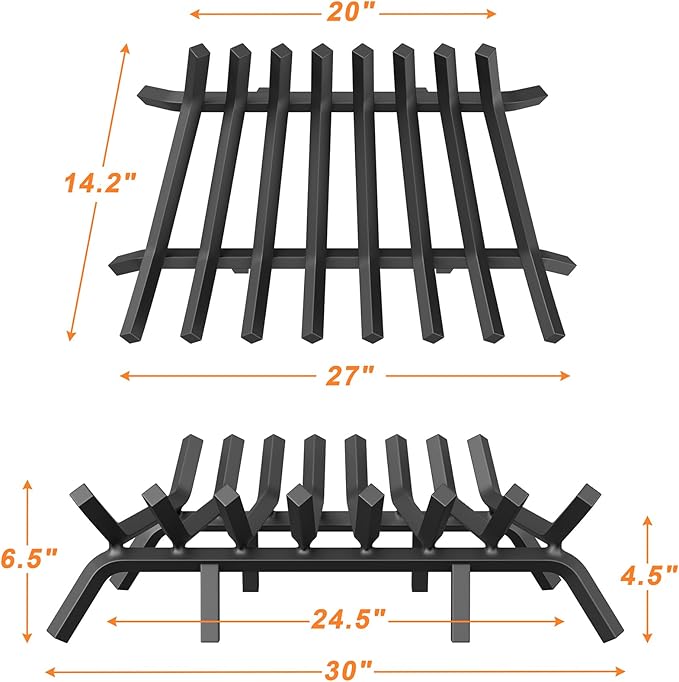 Fireplace Grate 30 Inch with 8 Support Legs, Solid Steel Heavy Duty Fireplace Log Holder with Fire Log Tongs & Fire Poker, Fireplace Log Grate for Indoor Fireplace and Outdoor In-ground Firepit