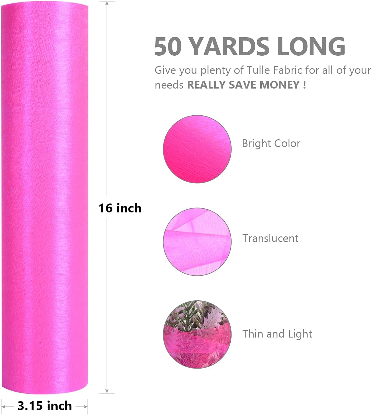 Crystal Organza Fabric Tulle - 16" by 50 Yards Sheer Fabric for Wedding Party Decoration Bridal Shower Tutu Roll Netting Spool Ribbon Wrapping (Pink)