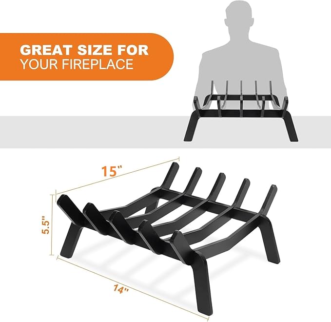 Fireplace Grate 14in Heavy Duty, Fireplace Wood holder for Inside Fireplace, Fireplace Log Holder, Small Fire Grate, Fireplace Accessories, Chimney Hearth Indoor, 5 Bars Fire Pit Grate for Outdoor