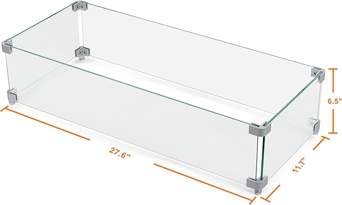NUU GARDEN 27.6'' x 11.7'' x 6.5" Rectangular Fire Pit Wind Guard, Transparent Tempered Glass, Polished Aluminum Brackets, 3M Anti-Slip Pads, Fit for Best Choice 52-inch Fire Table WG01